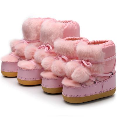 China CUSHIONING designer Luxury pink fur bows short mummy and me girls lady shoes women ankle boots winter snow boots balls down for women for sale