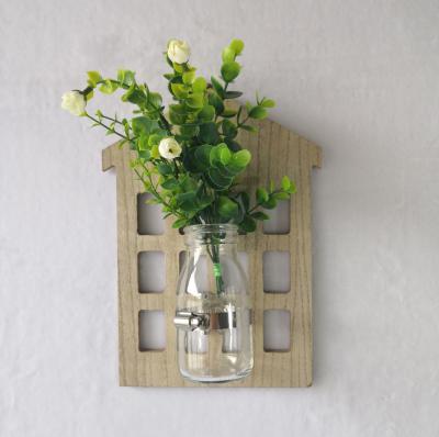 China New Small Classic/Postmodern Wall Hanging Glass Flower Vase With House Wooden Stand For Hydroponic Plants for sale