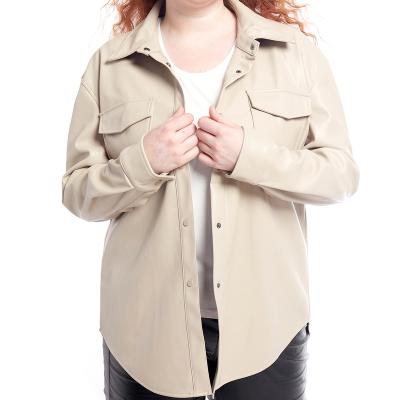 China Wholesale Plus Size Plus Size Women's Leather Shirt Jacket Button Front Solid Oversized Shacket Coat With Pocket for sale