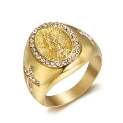 China Religious 316L Stainless Steel 18k Gold Plated Rhinestone Cross Virgin Mary Unisex Bling Catholic Rings for sale