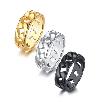 China Hiphop 3 Colors 7mm Band Stainless Steel Mens Womens Gold Wide Cuban Link Chain Ring for sale