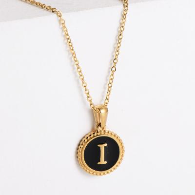 China Christmas Gift TRENDY Stainless Steel Gold Plated Black Enamel Initial Letter Pendant Necklace for sale