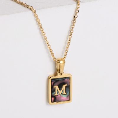 China Birthday Gifts Women Abalone Shell Inlay Square Letter Gold Plated Pendant Stainless Steel for sale