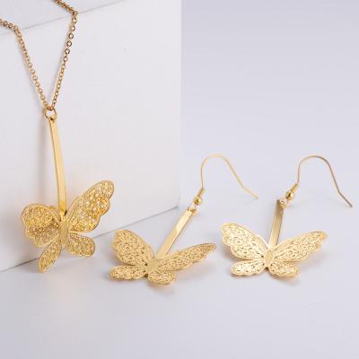 China FRIEND'S Latest FASHIONABLE 18k Gold Plated Stainless Steel Butterfly Necklace Earrings Jewelry Sets for sale