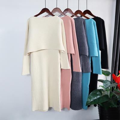 China 2021 Sustainable Autumn Winter Women Knitted Two Piece Set Clothing 2 Pcs Crop Sweater And Sweater Dress Sets Clothes For Ladies for sale