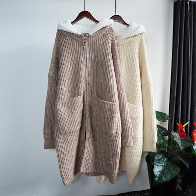 China Knitted Hood Cardigan Ladies Knitwear Clothing For Winter Lambswool Chunky Hooded Long Sweater Coat Viable Zipper Women's for sale