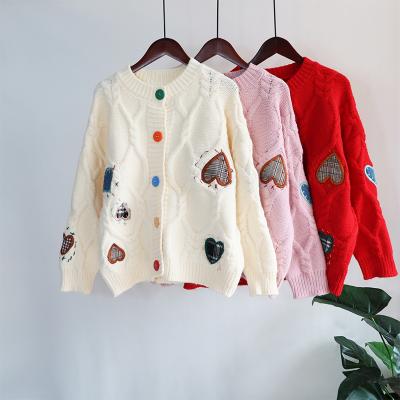 China 2021 Custom Viable Autumn Winter Fashionable Women Cable Knitwear Knitwear Tops Heart Embroidery Cardigan Sweater For Female for sale