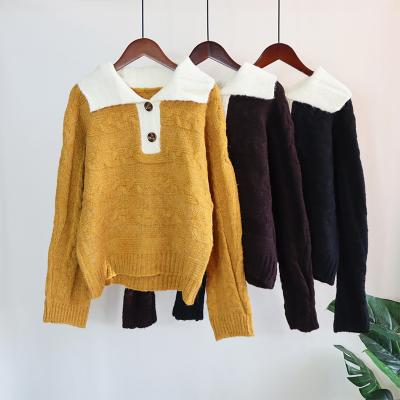 China Sustainable Autumn Winter turn-down collar knitted sweater women wire Color-block knitwear sweater clothing with collar for sale