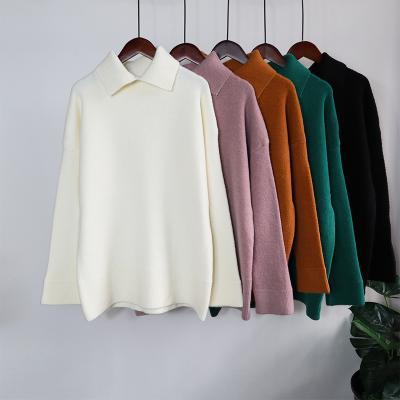 China Viable Simple Chunky Women's Knitted Sweater Shirt With Collar Knitwear Tops 2021 Autumn Winter Oversized Woman Pullover for sale