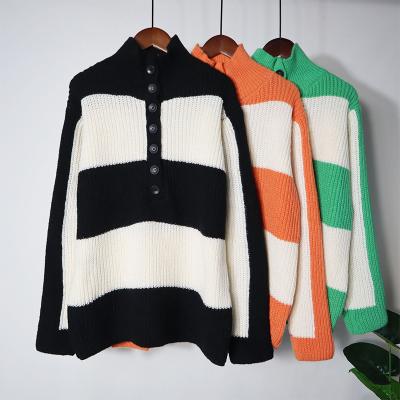 China 2021 Autumn Winter Thick Color Block Viable Women's Pullover Sweater Knitwear Fashionable Striped Knitted Clothing For Ladies for sale