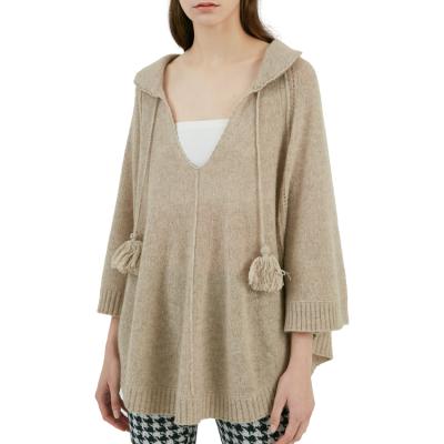 China China Supplier 100% Cashmere Winter Women's Custom Knitted Poncho Hooded Drawstring Cloak Shawl for sale