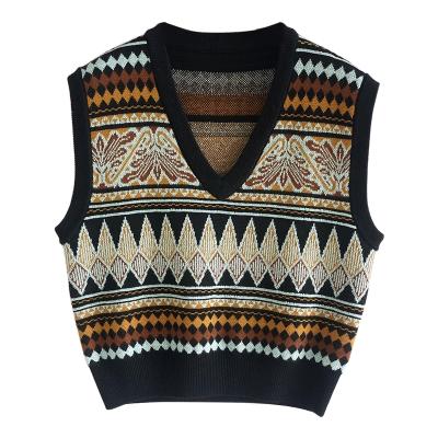 China Custom V Neck Diamond Lattice Loose Fit Sleeveless Plus Size OEM Woman Winter Wool Knitted Sweater Vest For Women for sale