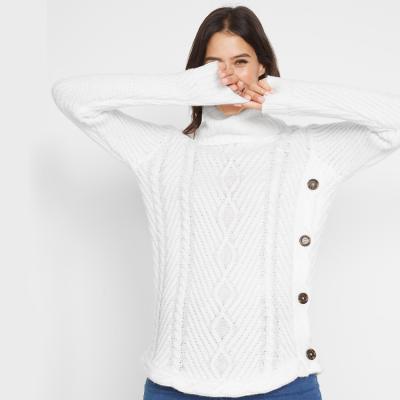 China Anti-pilling Customize Women 2021 Winter Chunky Turtleneck Cable Solid White Ribbed Knitted Sweater Top With One Side Button for sale