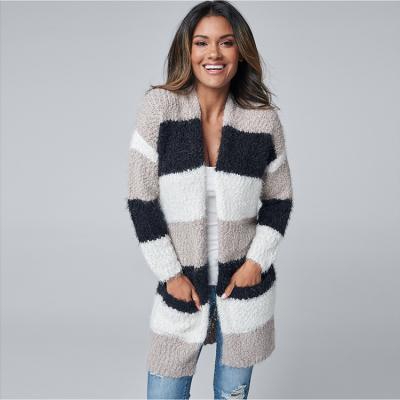 China Customized 2021 autumn winter women fat knit por al mayor cardigans long stripe open front style fashion clothes for women for sale