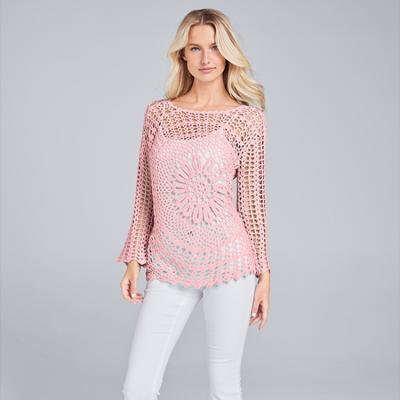 China 2021summer new style fashionable pink women's breathable crochet knit bell sleeve sweater for sale