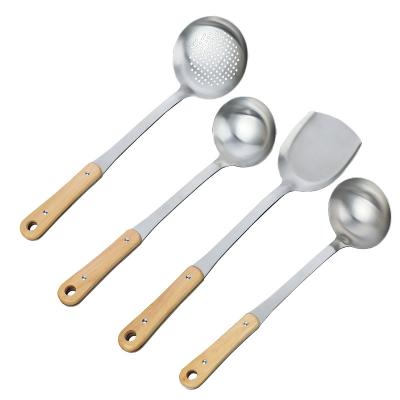 China Viable 304 Stainless Steel Wood Handle Kitchenware 4 Piece Set Sanding Extended Handle Simple Modern Creative Kitchenware Gift for sale