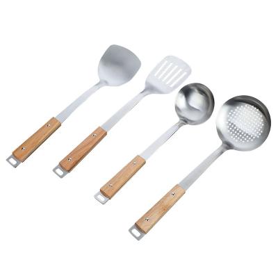 China Four Pieces of Kitchen Tableware 304 Stainless Steel Handle Tail Square Workable Household Appliances Original Wooden Kitchen Tableware Gift for sale