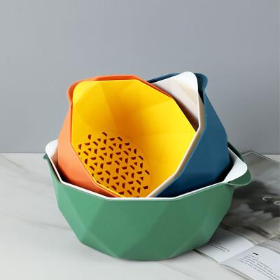 China Fruit Vegetable Basket PP Multidimension Plastic Sustainable Drainable Multicolor Kitchen Tableware Octagonal Double Layer Practical Tableware for sale