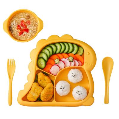 China Viable Baby Cute Dinosaur Tableware Set Plastic Anti Fall Division Dish PP Hot Children Administer Fork Dish High Capacity Spoon Kitchen Tableware for sale