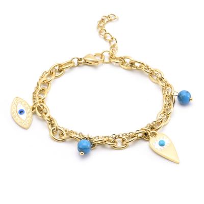 China TRENDY 2 Years 18k Gold Plating Turquoise Stainless Steel Bracelets Chain Guarantee Beaded Bracelets Evil Eye Bracelet for sale