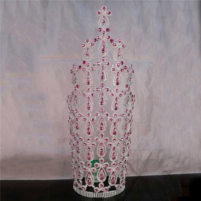 China Wholesale Custom Pink Pageant Stones Red Crown Crystal Tall Tiara Of Big Pageant Rhinestone Beauty for sale