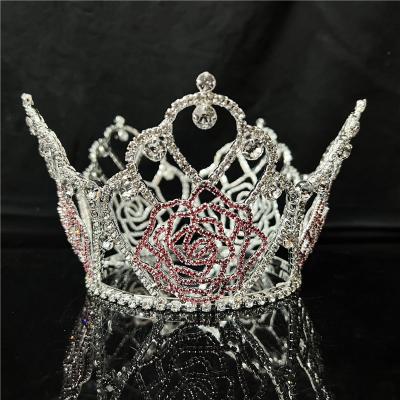 China Custom Rose Shape Rhinestones Stones Full Round Beauty Crown Pageant Tiara For Sale Pageant Tiara for sale