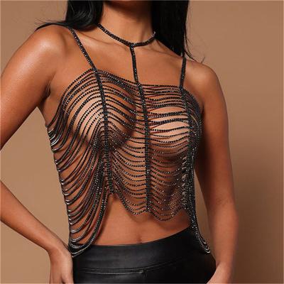 China FASHIONABLE Sexy Handmade High Quality Sexy Bra Chest Chain Black Rhinestone Nightclub Underwear Body Chain Female Jewelry Mesh Crystal Top for sale