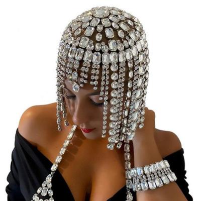 China New crystal headpiece the exaggerated bridal wedding large tassel headpiece stage performance gemstone full head chain luxury jewelry for sale