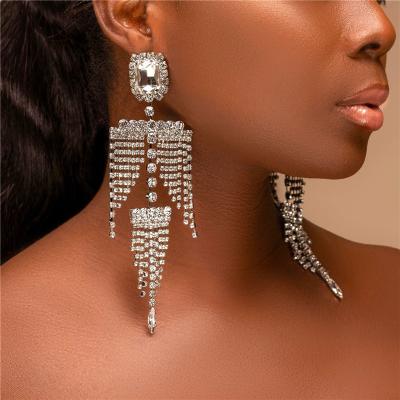 China Women's Diamond Long Tassel Wedding Banquet Earrings and Fashionable Exaggerated Stunning Shiny Geometric Crystals Drop Earrings for sale