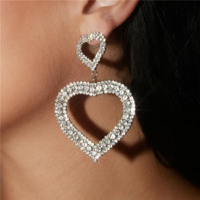 China TRENDY Fashion Wedding Accessories Feast Full Diamond Hollow Double Hoop Crystal Heart Drop Earrings Bridal Women for sale