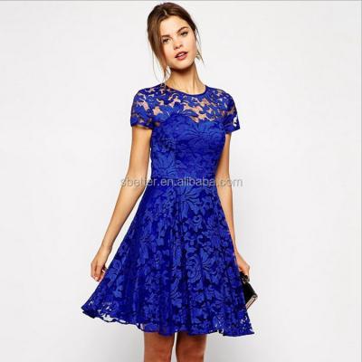 China Breathable Women Round Neck Short Sleeve Dresses Hollow Out Lace Dress Party Slim Princess Dresses for sale