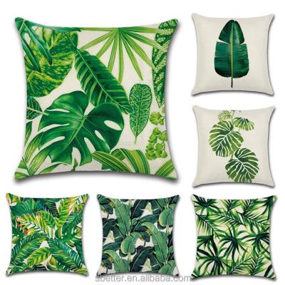 China Sustainable Green Leaf Plant Pillowcase Square Rainforest Canvas Pillows Cushion Case Cover Green Leaves Bedroom Home Decorative Pillowcase for sale