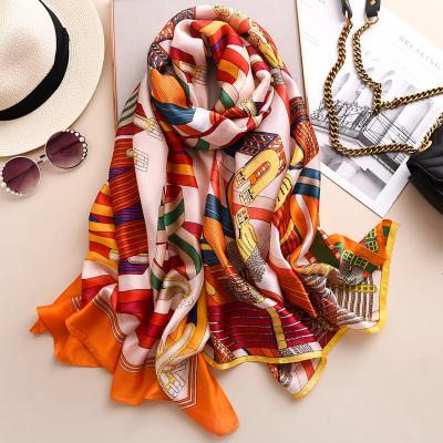 China Wholesale 2020 Fashion Silk Pattern Long Scarf Women's Long Orange Light Satin Printed Scarf New Style Head Scarf Long for sale