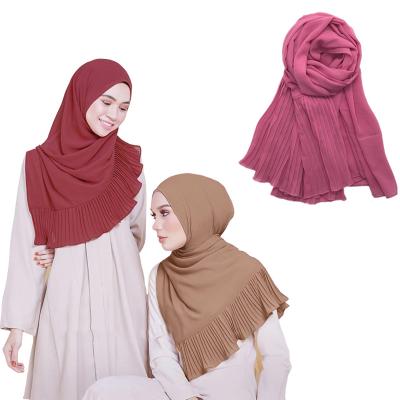 China 2021 Wholesale Hot Sale Chiffon Wedding Hijab Fashion Solid Colors Chiffon Pleat Stretch Muslim Hijab for sale