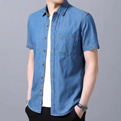 China Anti-pilling denim short sleeve shirt men's cotton summer thin youth slim shirt washed denim shirt for sale