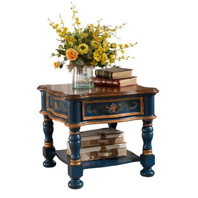 China Wooden Living Room Furniture Solid Wood Square Coffee Side Table Gorgeous Floral Hand Painted End Table One Retro for sale