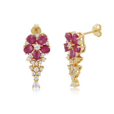 China Wholesale FASHIONABLE Natural Women Sterling Silver Flower Drop Earrings YBO 925 Gemstone Ruby Emerald Inlay 18K Gold Plating for sale