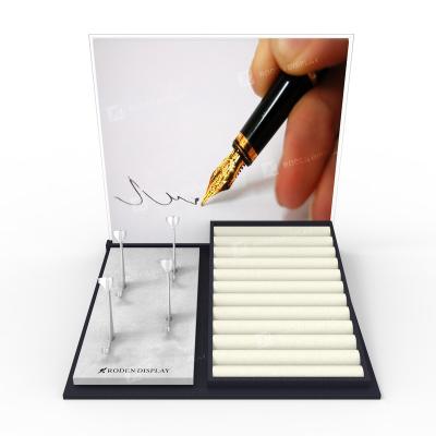 China Handmade Acrylic Pen Pencil Holder Leather Pen Display Rack MDF Pen Tray for sale