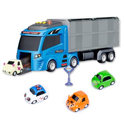 China Large Friction Toy Container Truck Road Signs Music Rubbing Car Toys With Pull Back Car for sale