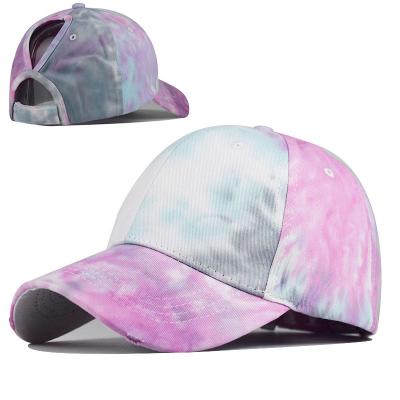 China PONYTAIL JOINT Dye Tie Dye Baseball Cap Adjustable Cotton Women Trucker Hat Denim Dad Hat for sale