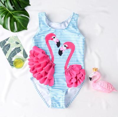 China Breathable Fashion Flamingo Print Kids One Piece Ruffled Cute Little Girls Aqua Blue Stripe Monokini Bathing Suit Swimwear Swimming Suit for sale