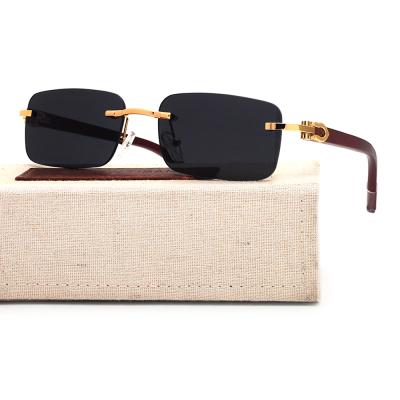 China Newly Arrival Frames Cellulose Wooden Arms Handmade Wooden Metal Hinge No Frame Lenses Rimless Colorful Sunglasses for sale