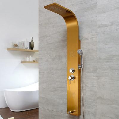 China Without Slide Bar Gold Brushed Shower Panel 304SS Wall Mounted Bath Shower Luxury Bathroom Fittings With 4 Function for sale