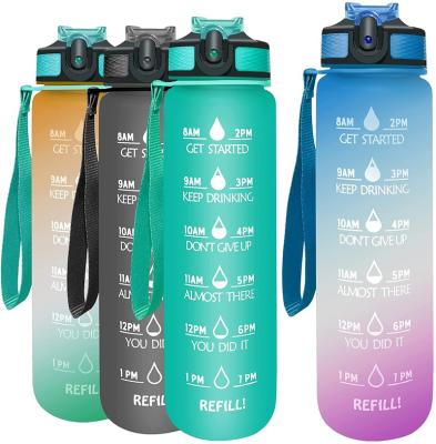 China 1000ML Viable Water Bottle With Time Marker Gradient Construction Life Transparent Plastic Water Bottle For Gym Sports for sale