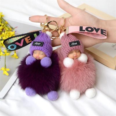 China Kids Toy Gift Hot Selling Kawaii Sleeping Baby Doll Keychain Plush Doll Rabbit Fur Keychain Handbag Pendant Christmas Gifts Plush Keychain for sale