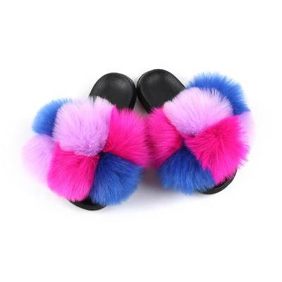 China Fashion Trend Black Rose Fashion Most Popular FOX Fur Ladies Slippers Sandals Shoes Custom Color Mix Color Slippers for sale