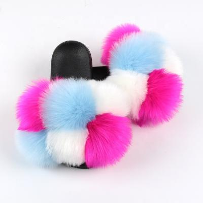 China Fashion Trend Black Rose Fashion Women Faux Fox Fur Slippers For Indoor And Outdoor for sale