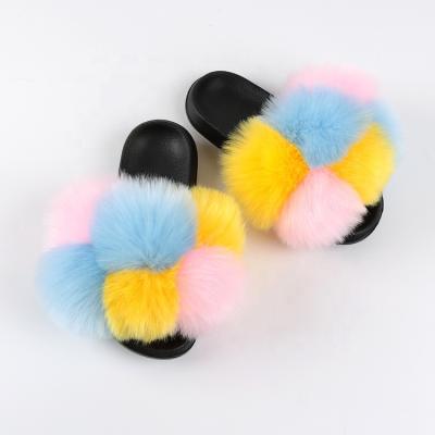 China Fashion Trend Black Rose Fashion Fancy Lady Multi Color Fur Toe Faux Fox Fur Open Slides For Women for sale