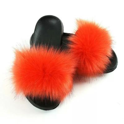 China Custom Made Rose Fashion Women Trendy Flat black color slides faux fur crisscrossRaccoon fur slipper for sale