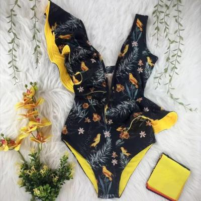 China 2021 New Printing QUICK DRY Swimwear Deep V-Neck Ruffle Swimwear Push Up Backless Monokini Beach Wear One Piece Swimsuit for sale